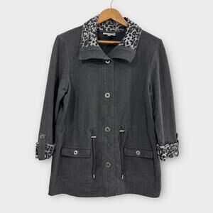JM Collection Women’s Size Medium Gray Animal Print Trim Knit Jacket Casual